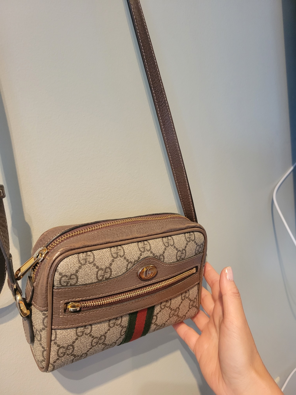 Gucci Brown Monogram Crossbody Bag with Signature Web Stripe - Picture 15 of 16